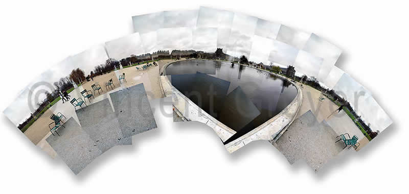 Photo artistique et panoramique du bassin est du jardin des Tuileries 7 /48°51’46. N 2°19’44. E / 18.11.2003 / 15H34- 15H47 T.U. Jardin des Tuileries - 75001 Paris - Département de Paris – Région Ile-de-France - France - Europe - Hémisphère nord - Terre - Système solaire - Voie Lactée.