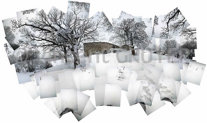 photo artistique et panoramique : La Haute Loire sous la neige 72 / 27.12.2004 / 15h00 -15h09 T.U. Département de la Haute-Loire - Région auvergne - Massif central France - Europe - Hémisphère nord - Terre - Système solaire - Voie Lactée.